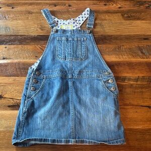 Mini Boden Kids Denim Overall Skirt - Blue polka dot heart pockets 9-10Y